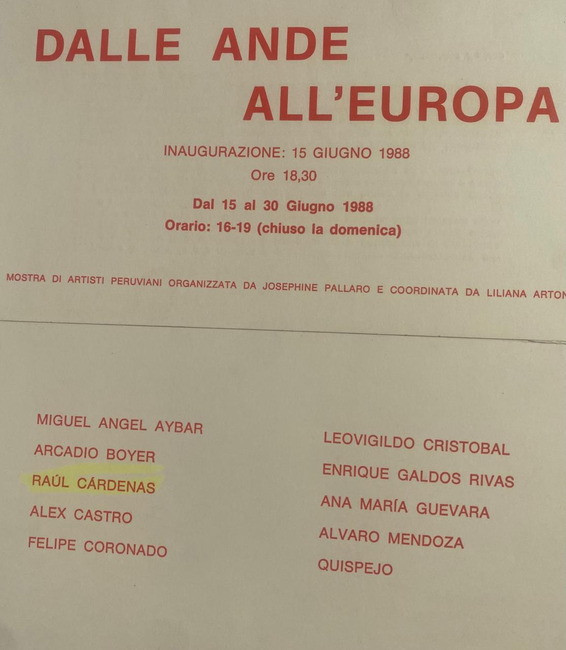 Raúl Cárdenas en Europa: participación en la muestra colectiva ‘Dalle Ande all’Europa’ de 1988